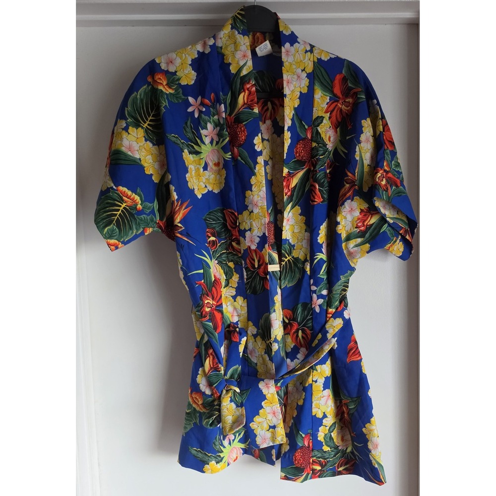 VTG 70s Dippers Short Robe Women L Blue Floral Short Sleeve Collared Resort Wrap